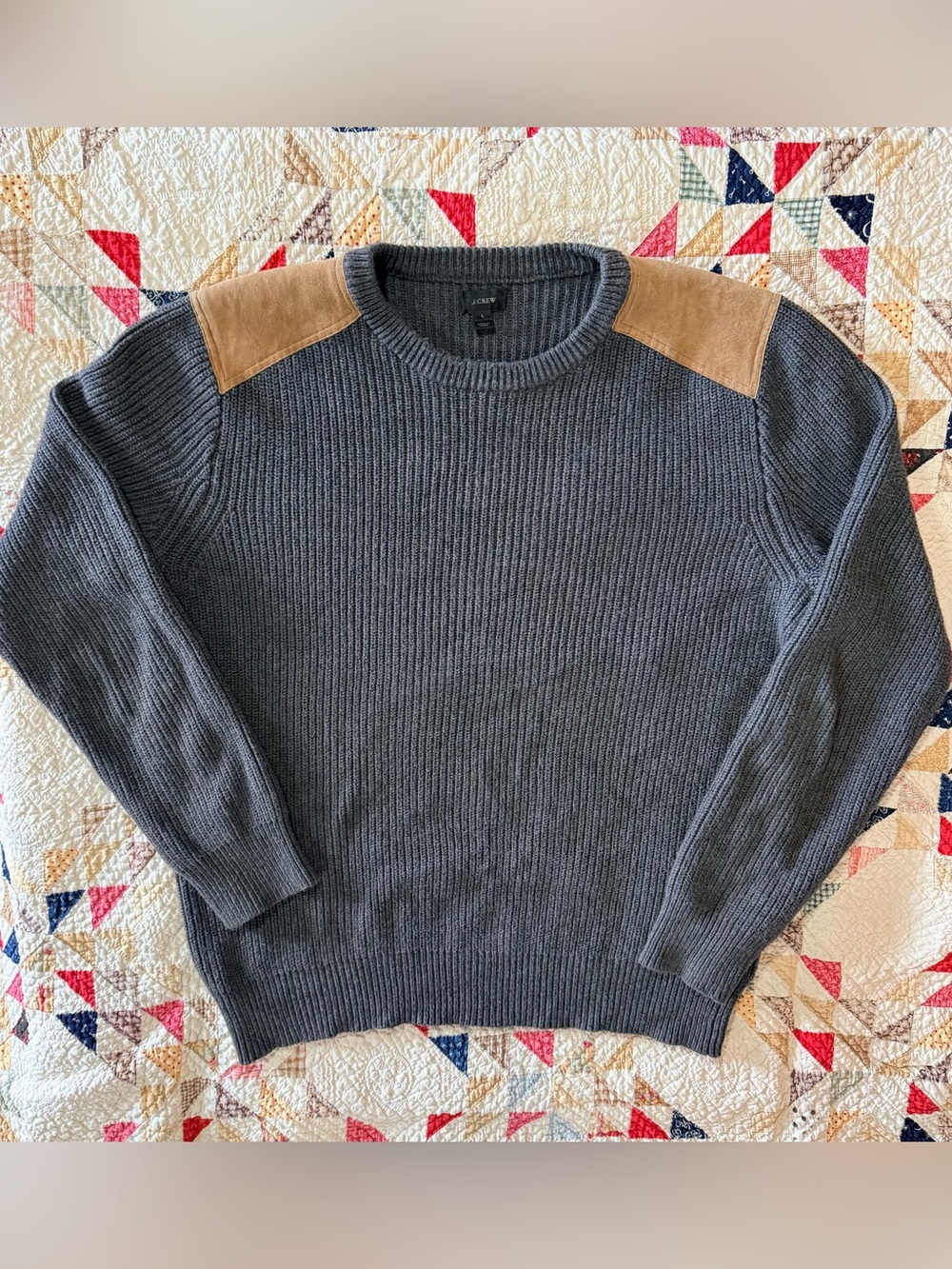 J.Crew Ribbed Cotton Crewneck Sweater with Leather Shoulder Patches — Size L